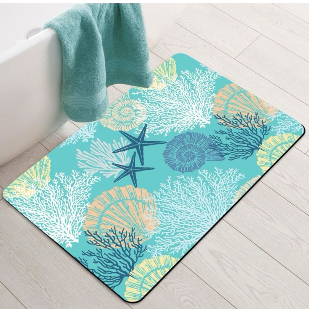 Beach Coral Bath kitchen absorbent Mat - Teal and White 24 x 17